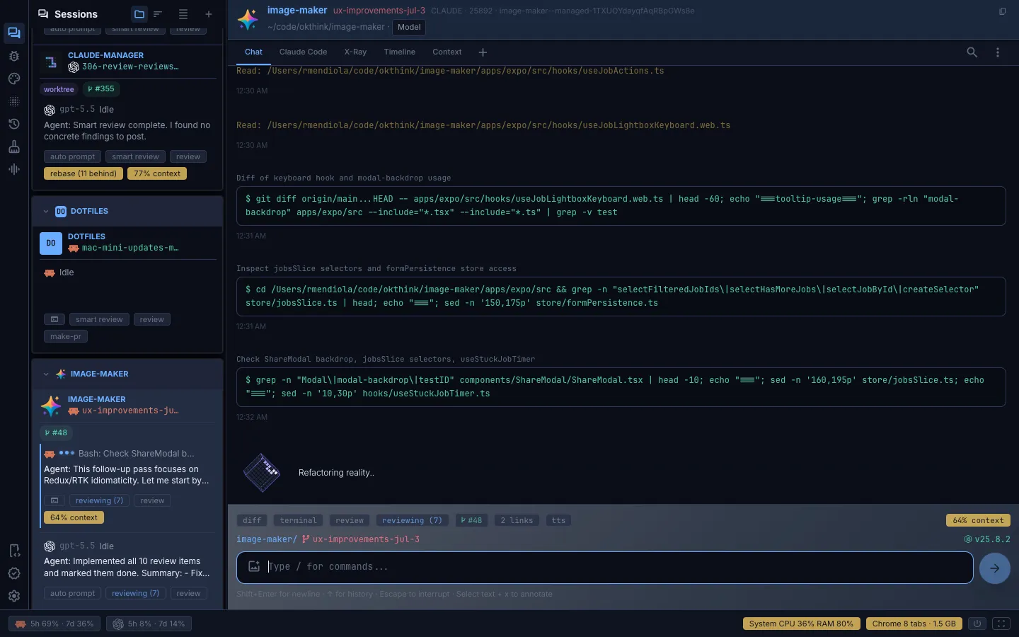 Firehose dashboard with the sessions sidebar grouped by project and a live agent session
